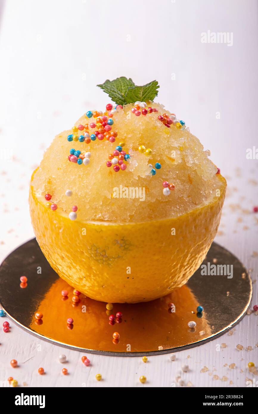 Refreshing lemon fruit sorbet with sugar sprinkle Stock Photo