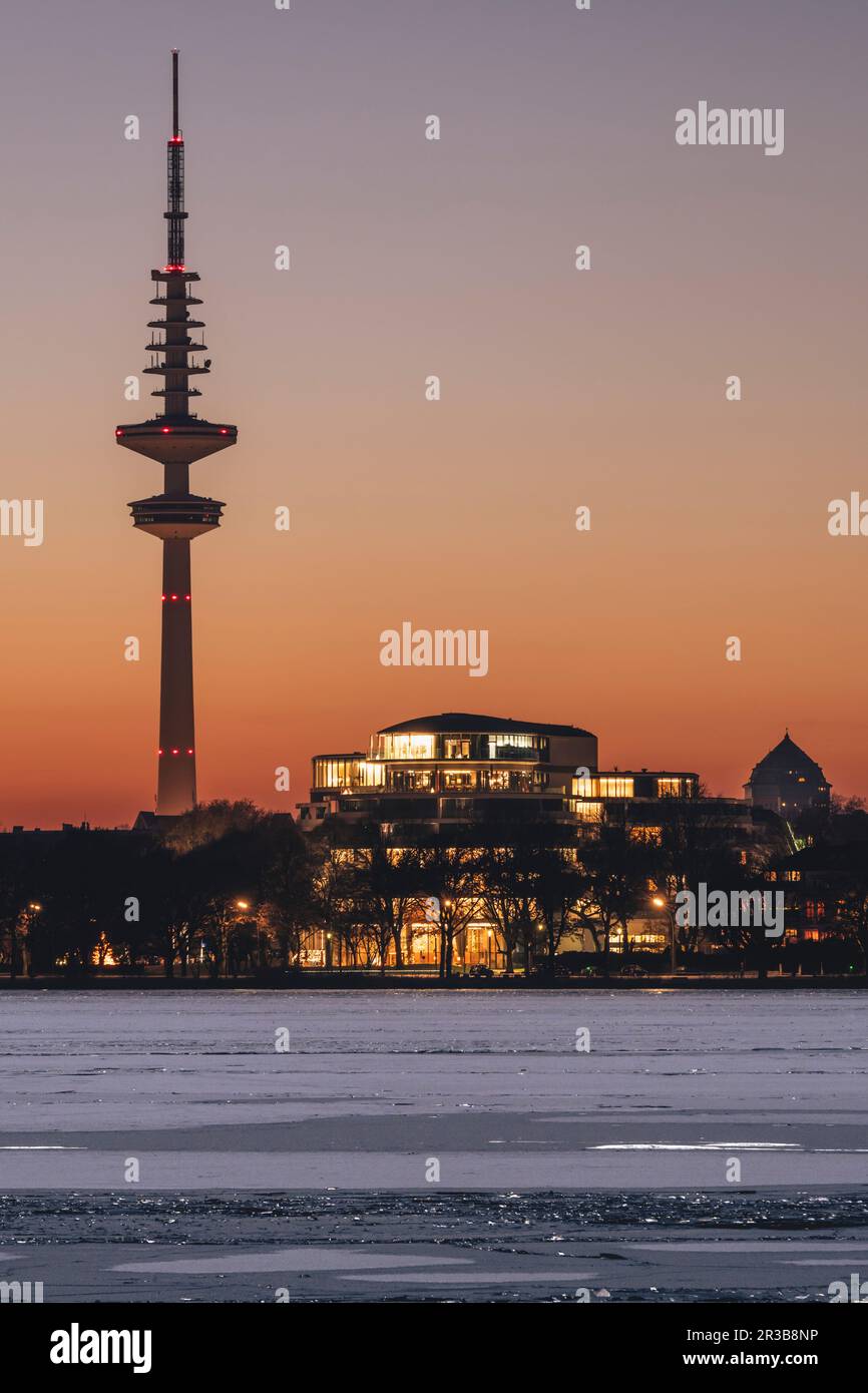 Germany, Hamburg, Ice Floating In Alster Lake At Dusk With Heinrich ...