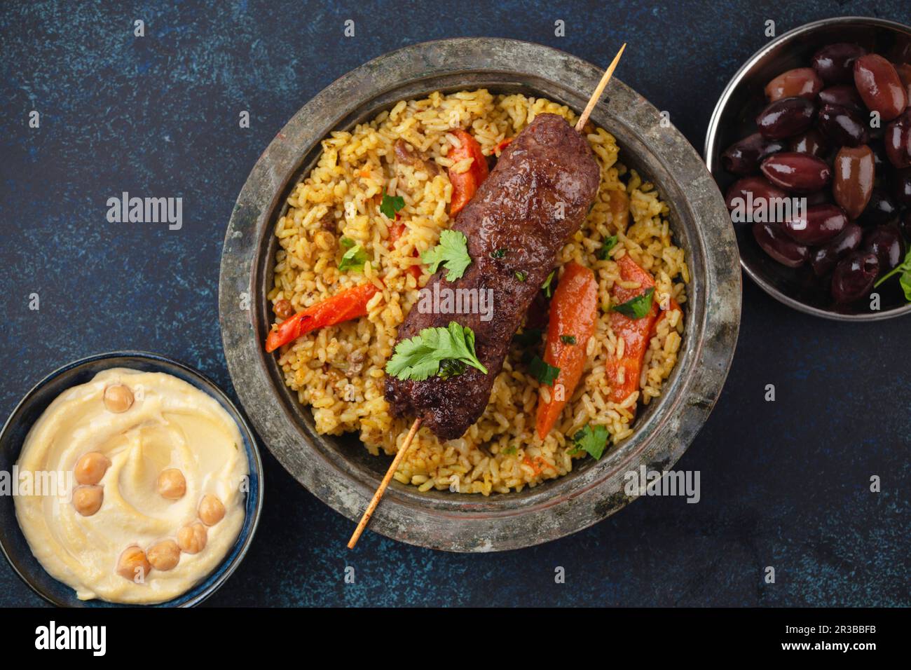 Traditional Middle Eastern meat Kebab with rice Stock Photo