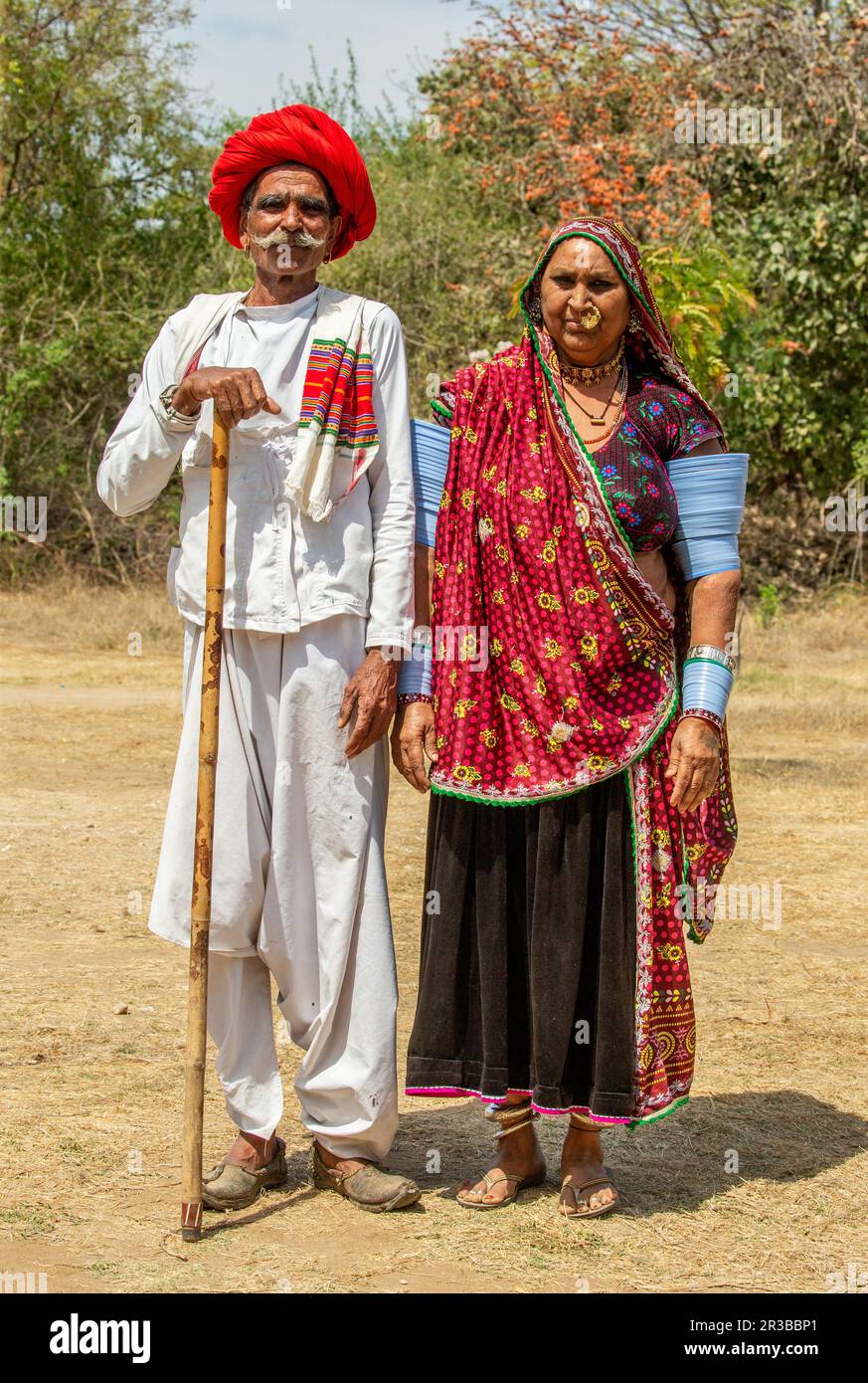 Rebari Man and a woman of the Rabari ethnic group in national dress stands ...