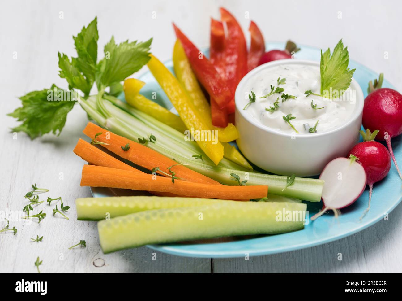 Vegetable crudités with a yogurt dip Stock Photo Alamy