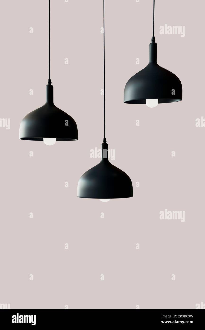 3D render of three black light fixtures hanging against pink background Stock Photo