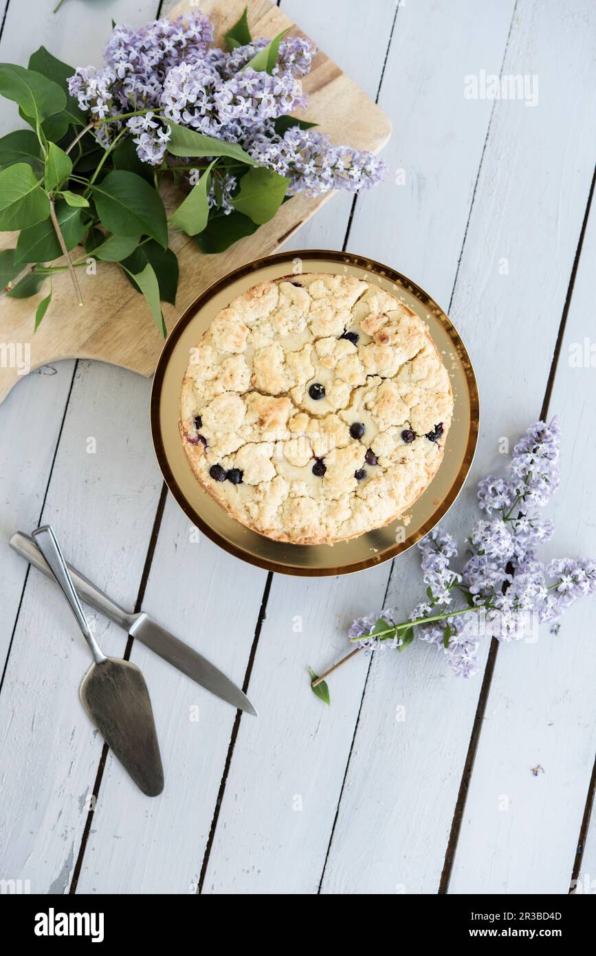 Organic blueberry crumble cake on a golden cake stand Stock Photo Alamy