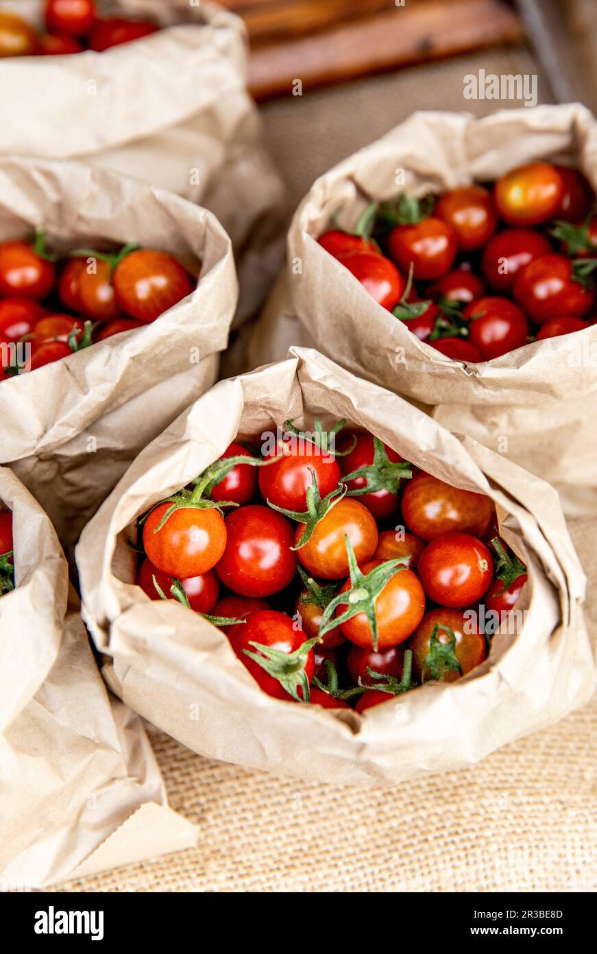 Cherry tomatoes in paper bags Stock Photo