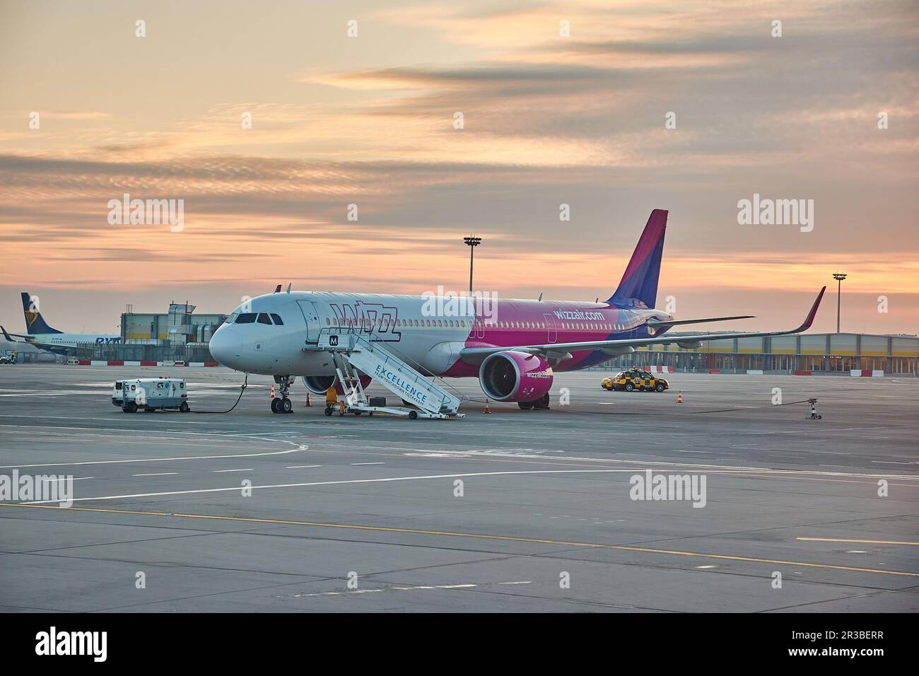 Wizzair airplane at Budapest Airport, morning mood Stock Photo
