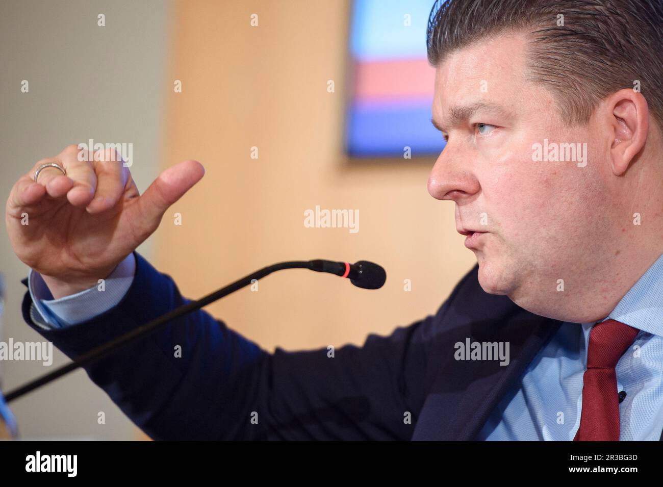 Hamburg, Germany. 23rd May, 2023. Andreas Dressel (SPD), Finance Senator of the Free and Hanseatic City of Hamburg, explains the regionalized 2023 tax estimate for his state during a press conference at Hamburg City Hall. Credit: Gregor Fischer/dpa/Alamy Live News Stock Photo