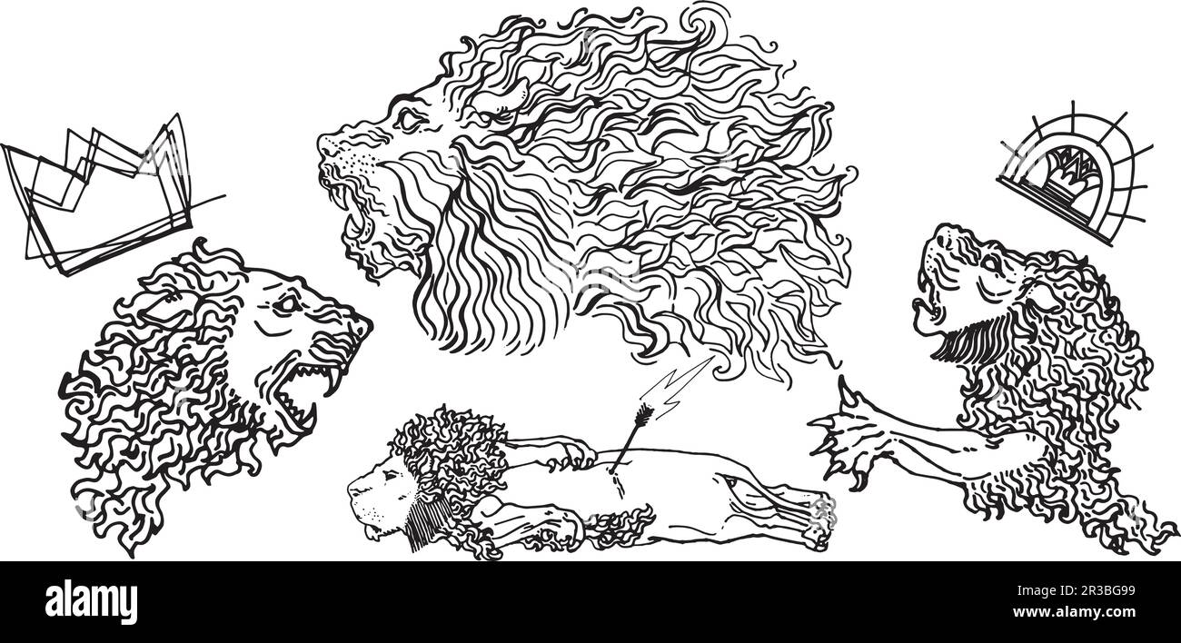 Hand drawn mesopotamian inspired lion illustration graphic resources. Line sculpture illustration for t-shirt prints, posters, stickers Stock Vector