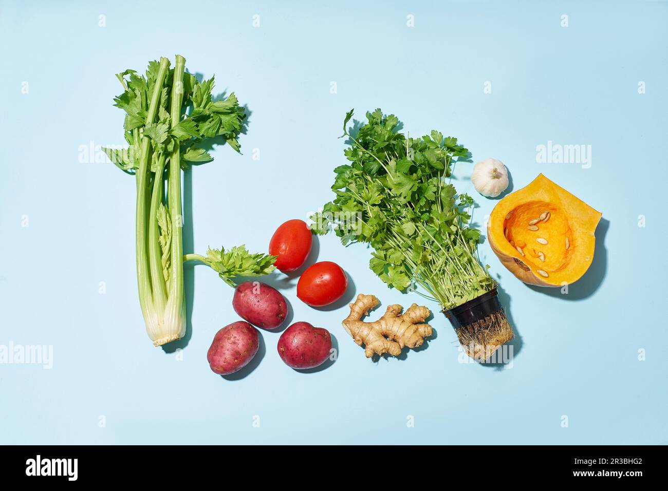 Vegetables, herbs, spices on a blue background Stock Photo