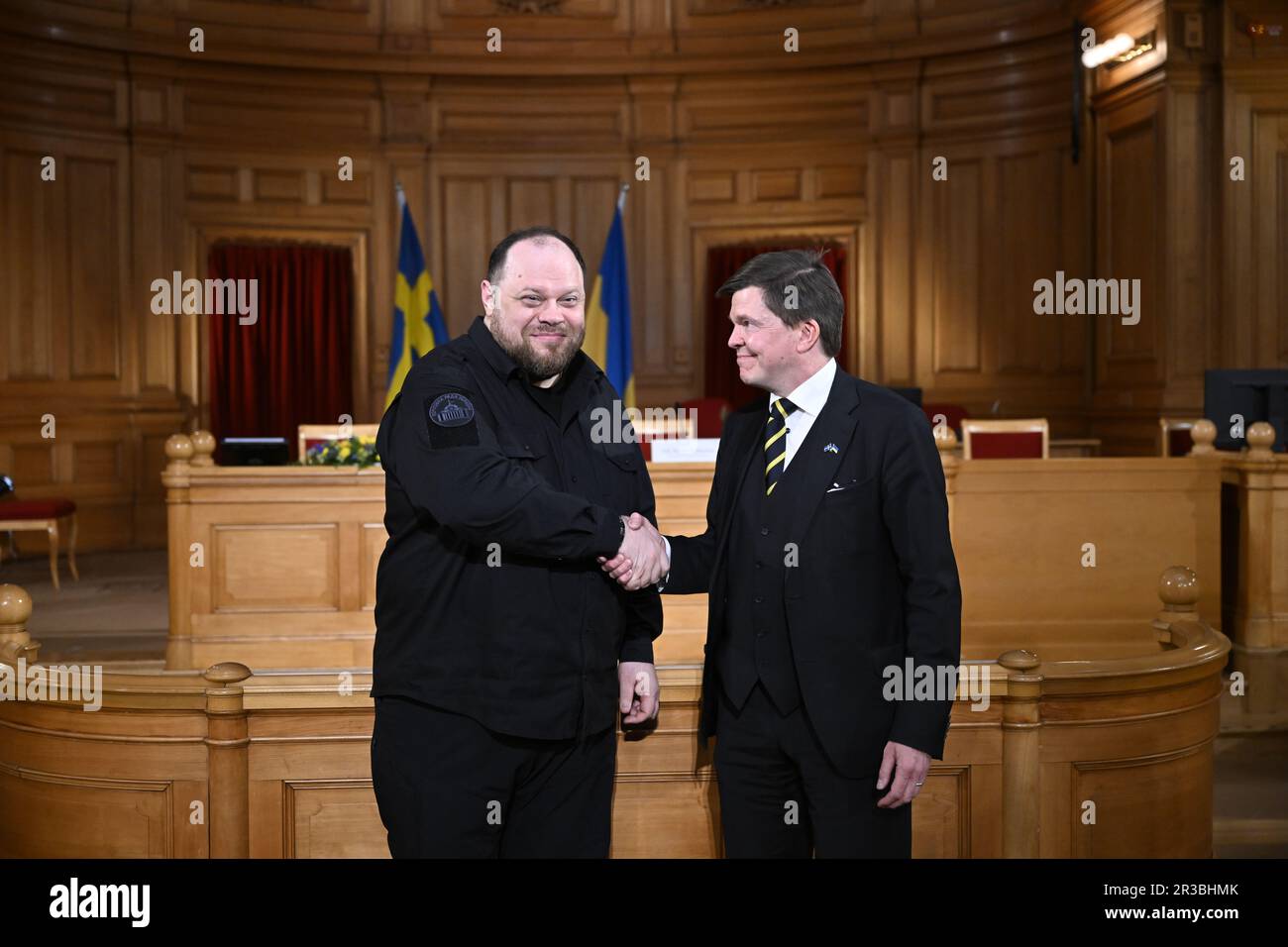 Stockholm, Sweden. 23rd May, 2023. Ukraines Speaker of Parliament Ruslan Stefanchuk (L) is received by Swedens Speaker Andras Norlén at the second chamber of the old Swedish parliament in Stockholm, Sweden, on May 23, 2023. Foto: Pontus Lundahl/TT/kod 10050 Credit: TT News Agency/Alamy Live News Stock Photo