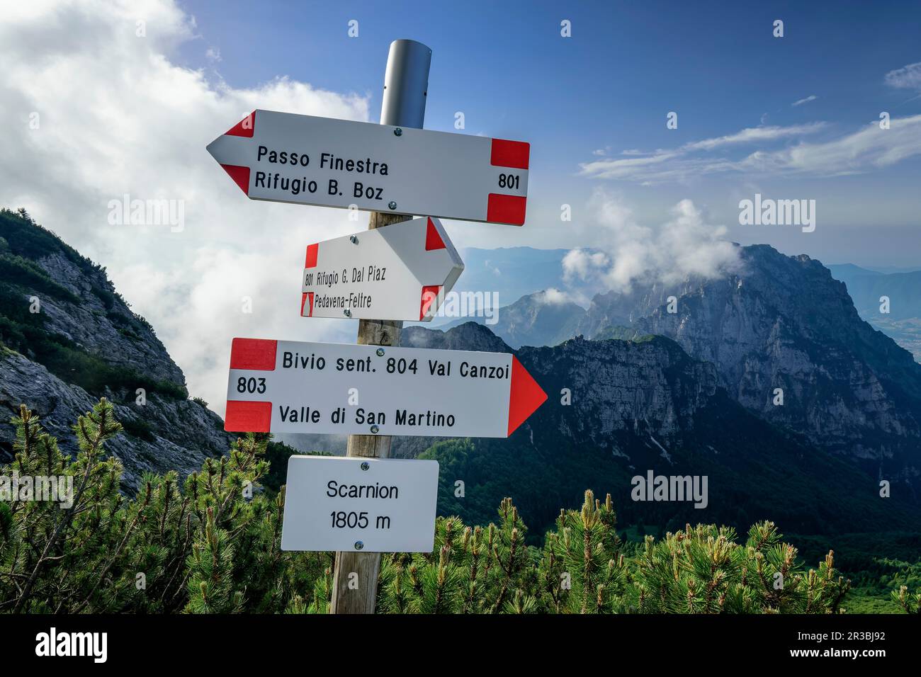 Italy, Veneto, Directional sign in Dolomites Stock Photo