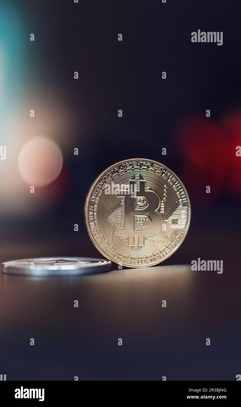 Close-up of gold colored Bitcoin coin Stock Photo
