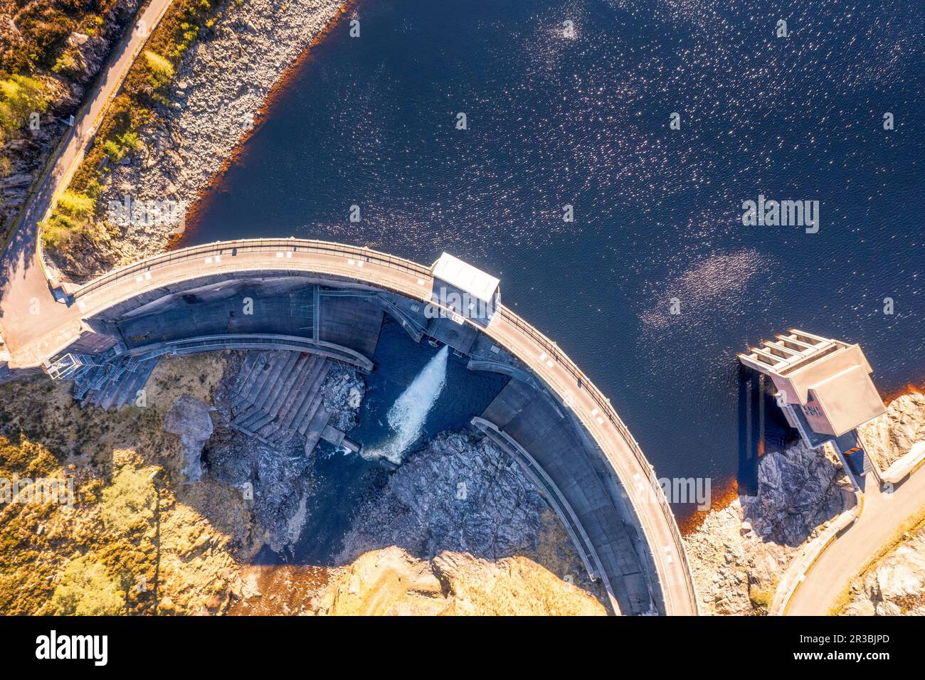 UK, Scotland, Strathpeffer, Aerial view of Monar Hydroelectric Dam Stock Photo