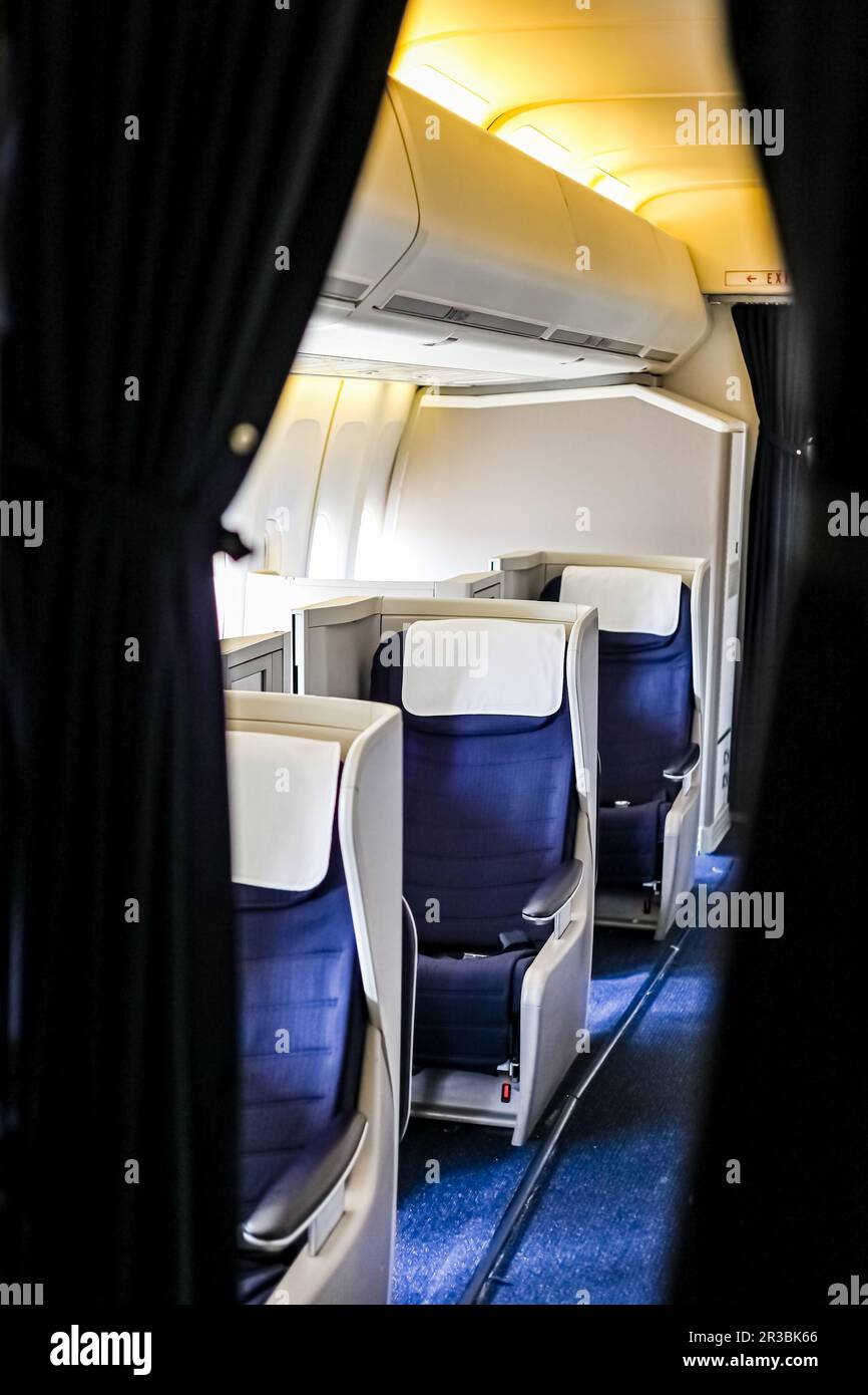 Interior view of Empty Airplane seats on board a jet liner Stock Photo