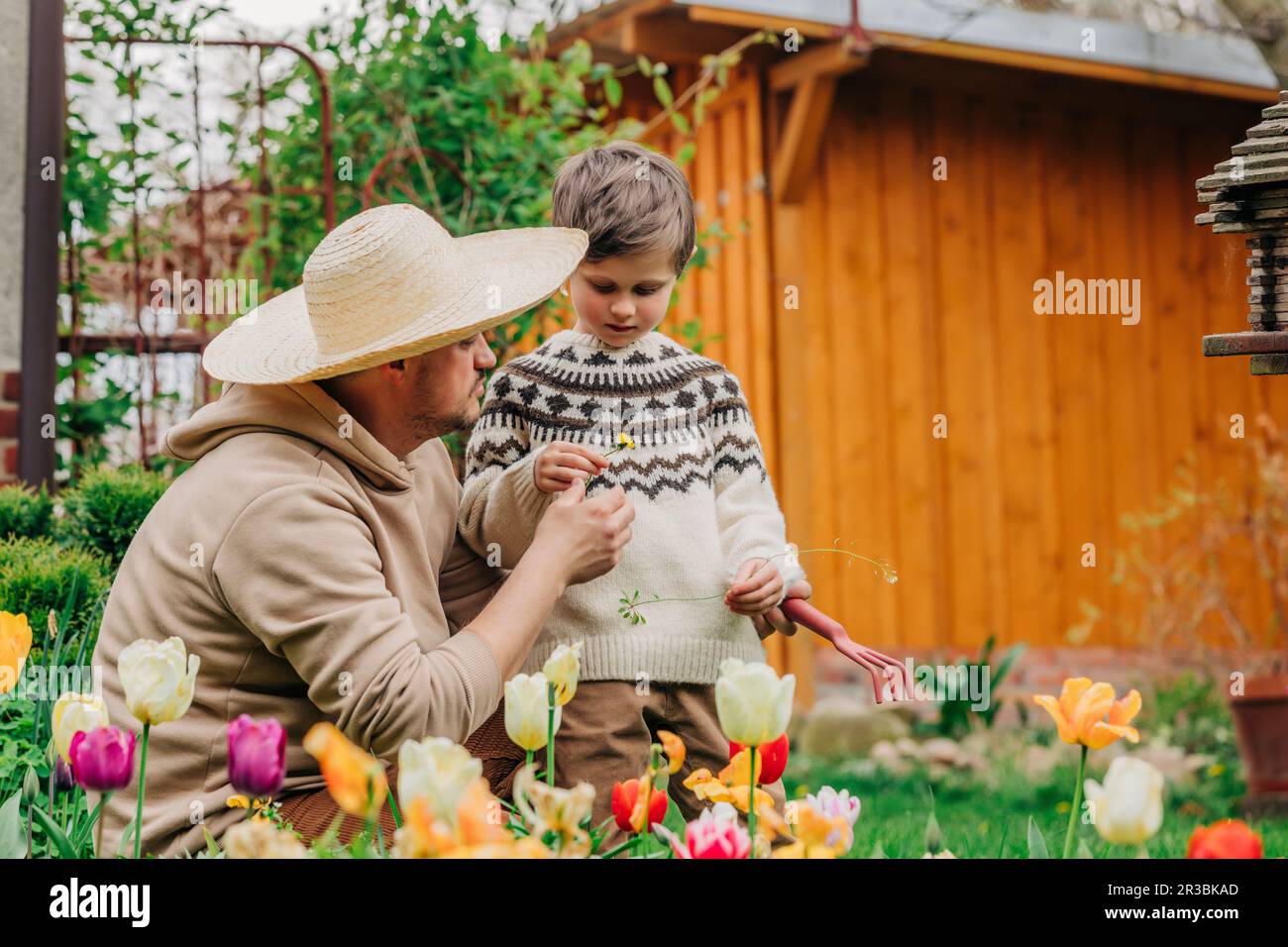 Father and son near tulips flowers in garden Stock Photo