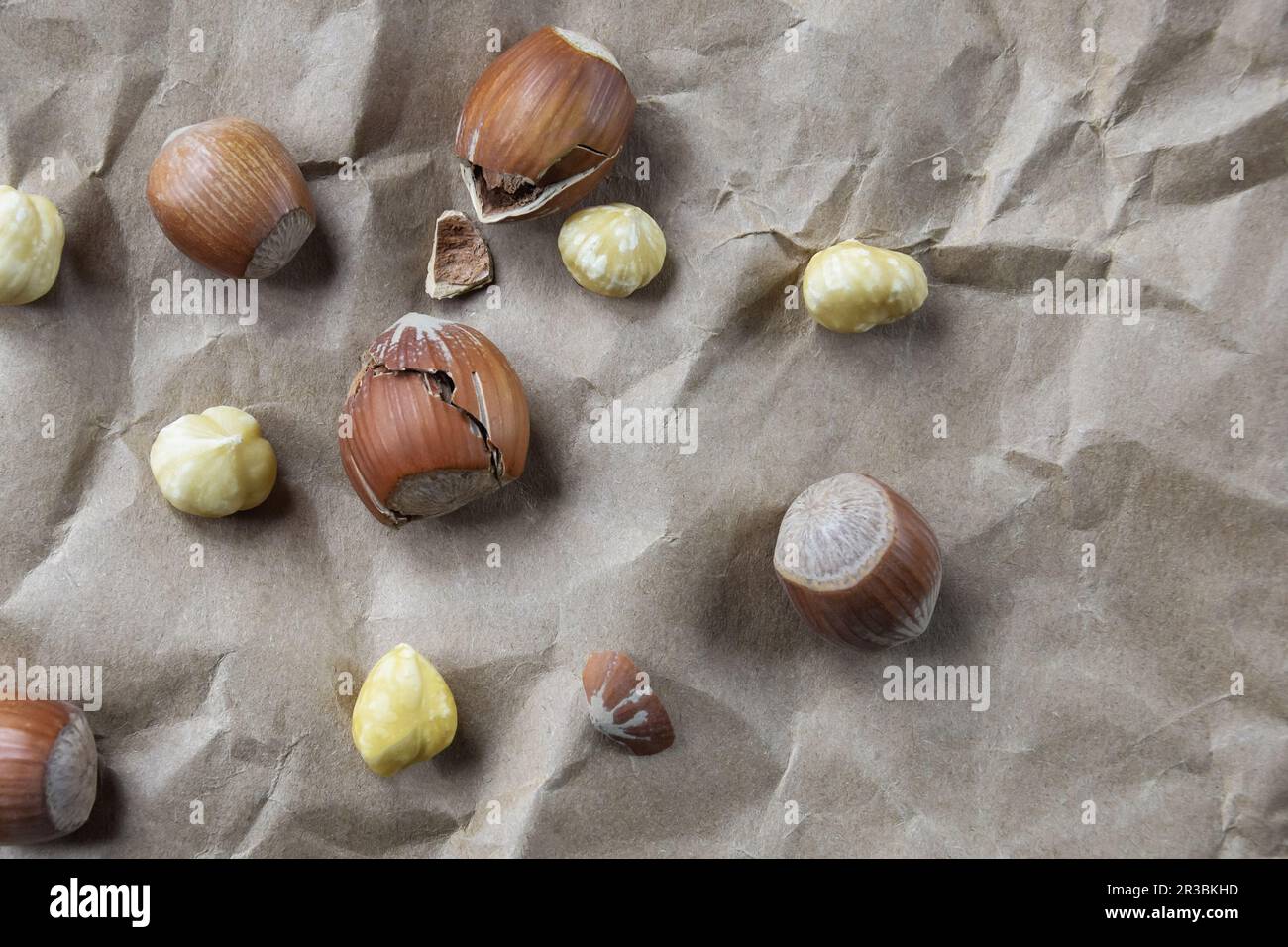 Ripe filbert kernels and hazelnuts in a shell on the background of ...