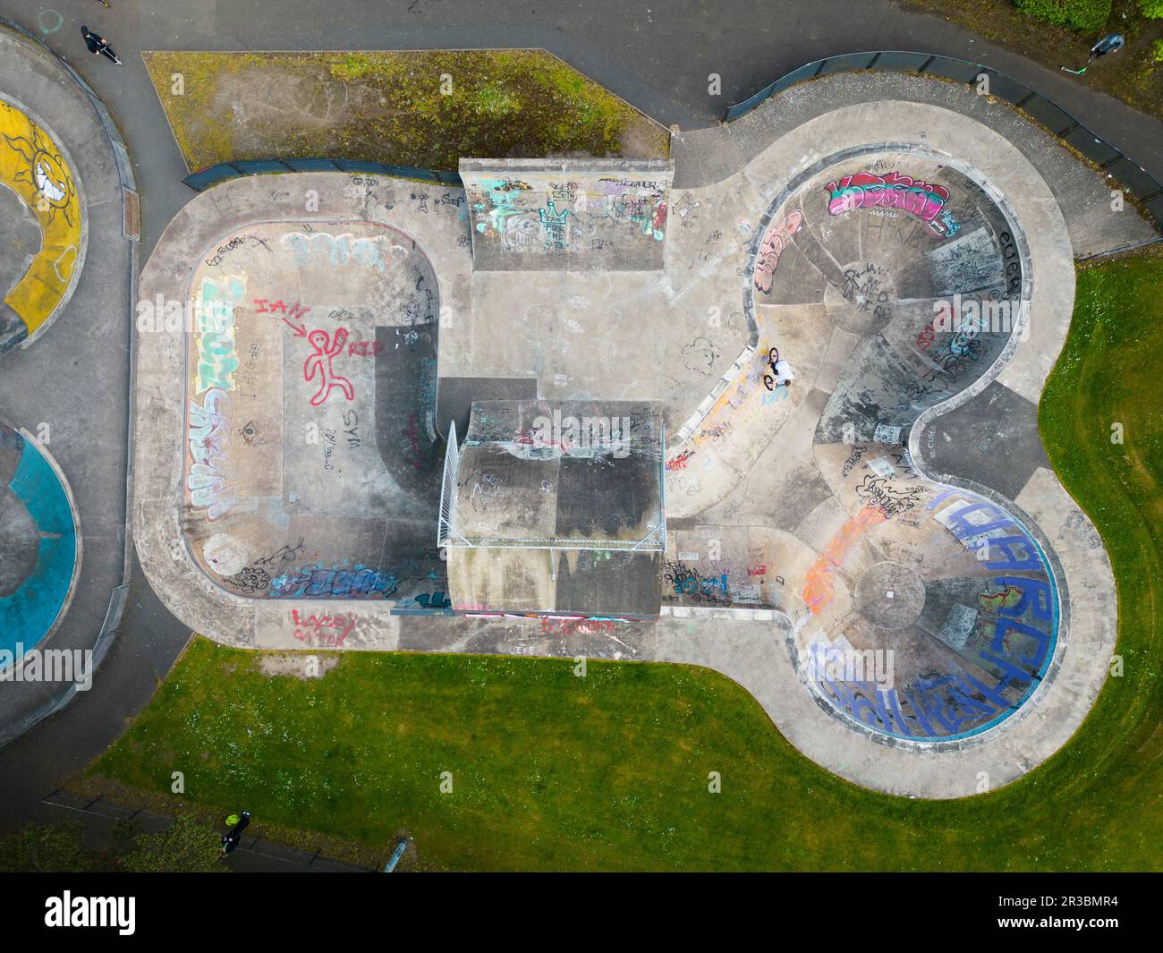 Aerial view of Livingston Skatepark in Livingston, Scotland, UK. Skatepark is set to become a listed building because of history and significance. Stock Photo