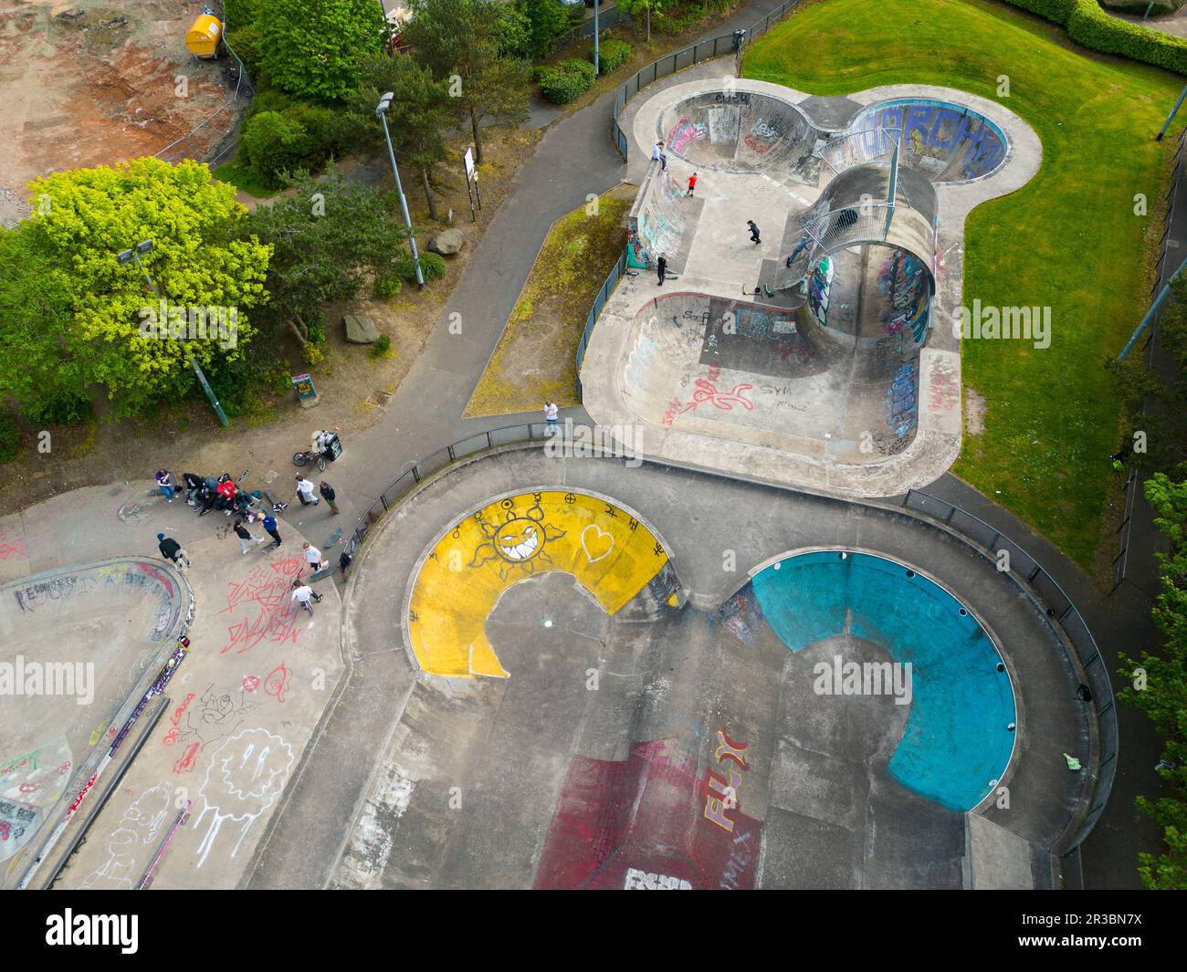 Aerial view of Livingston Skatepark in Livingston, Scotland, UK. Skatepark is set to become a listed building because of history and significance. Stock Photo