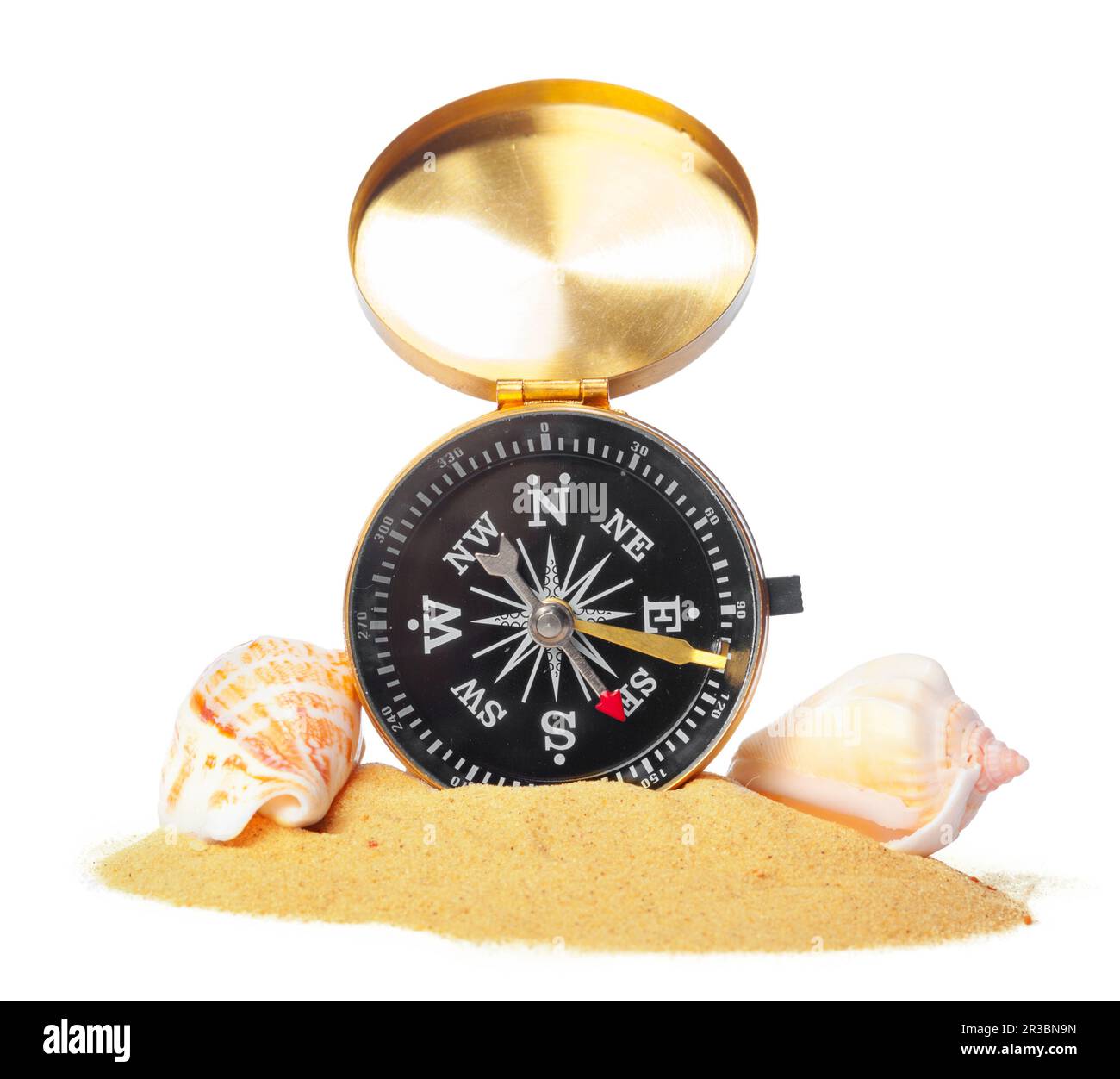 sea shells and old compass with sand isolated on white background Stock ...