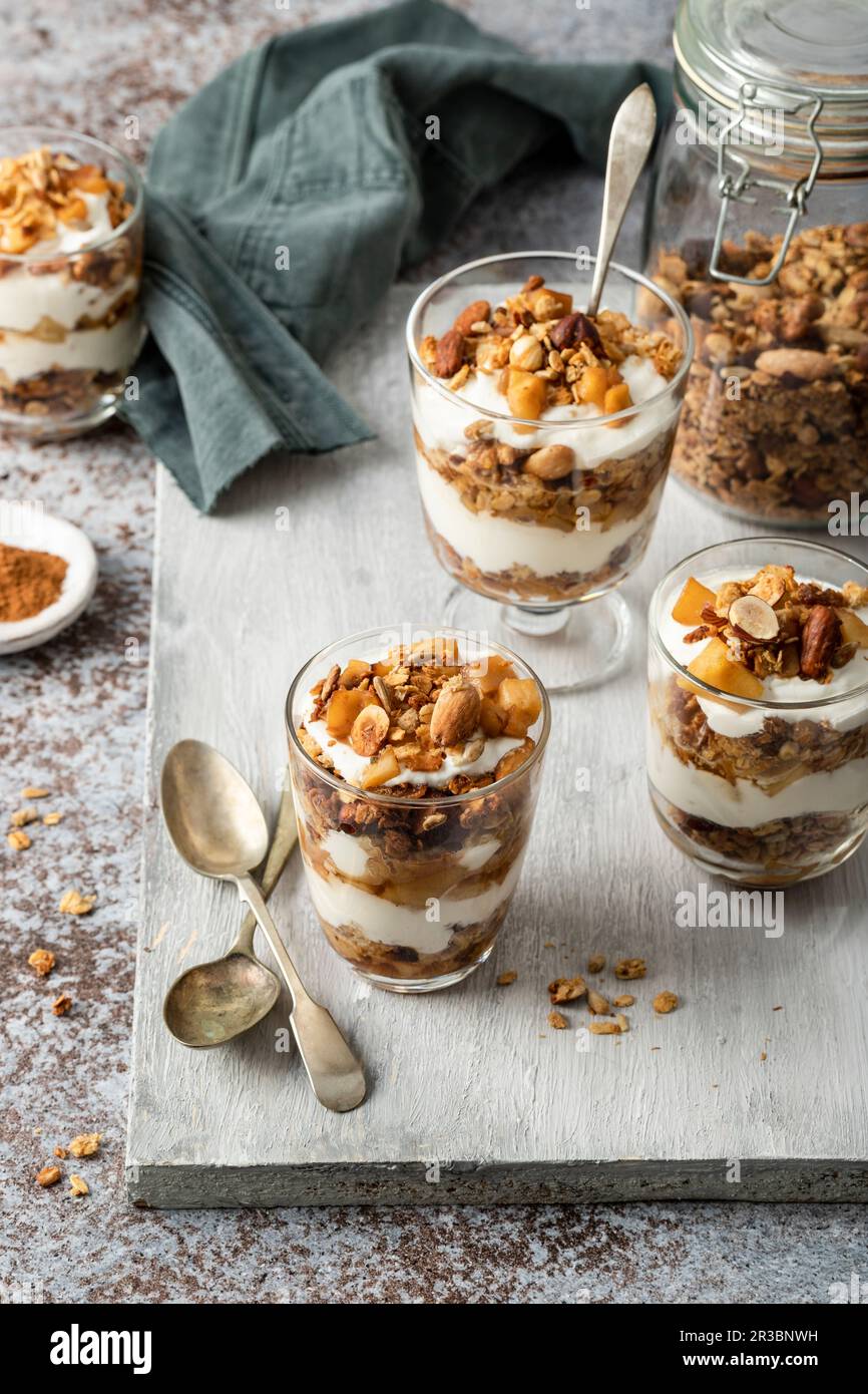 Homemade apple granola with cream cheese, sugar and vanilla Stock Photo