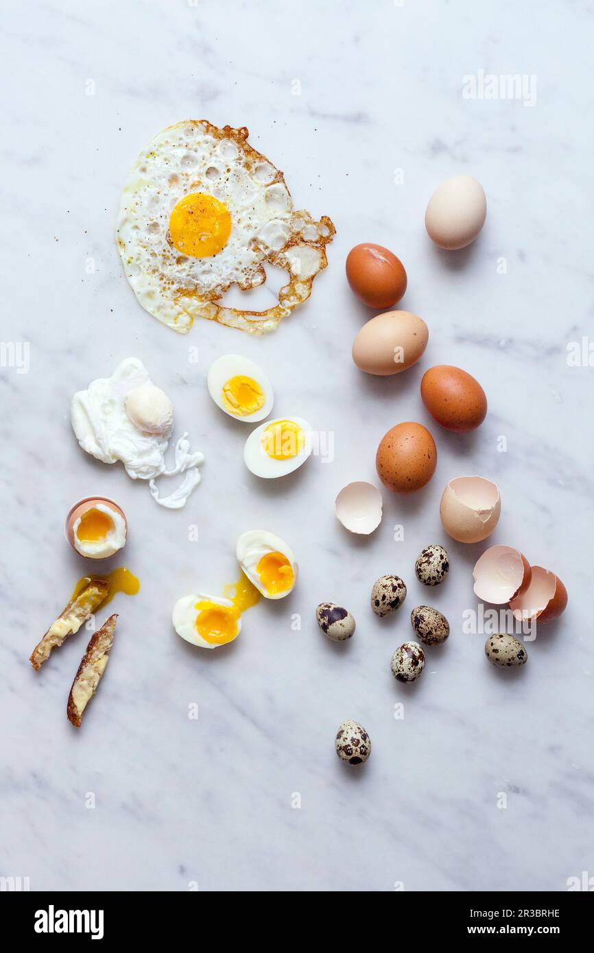 Raw and cooked eggs Stock Photo - Alamy