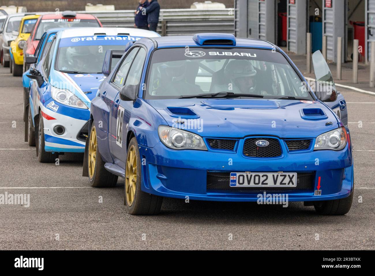 Neil Beaumont and Robert Swann in their Subaru Impreza at the start control point during the 2023 Snetterton Stage Rally, Norfolk, UK. Stock Photo