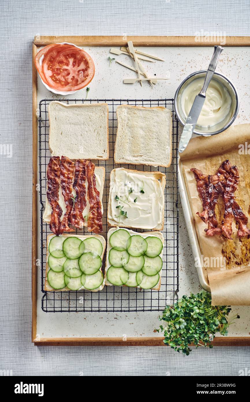 Preparation of club sandwiches with bacon, cucumber and tomatoes Stock Photo