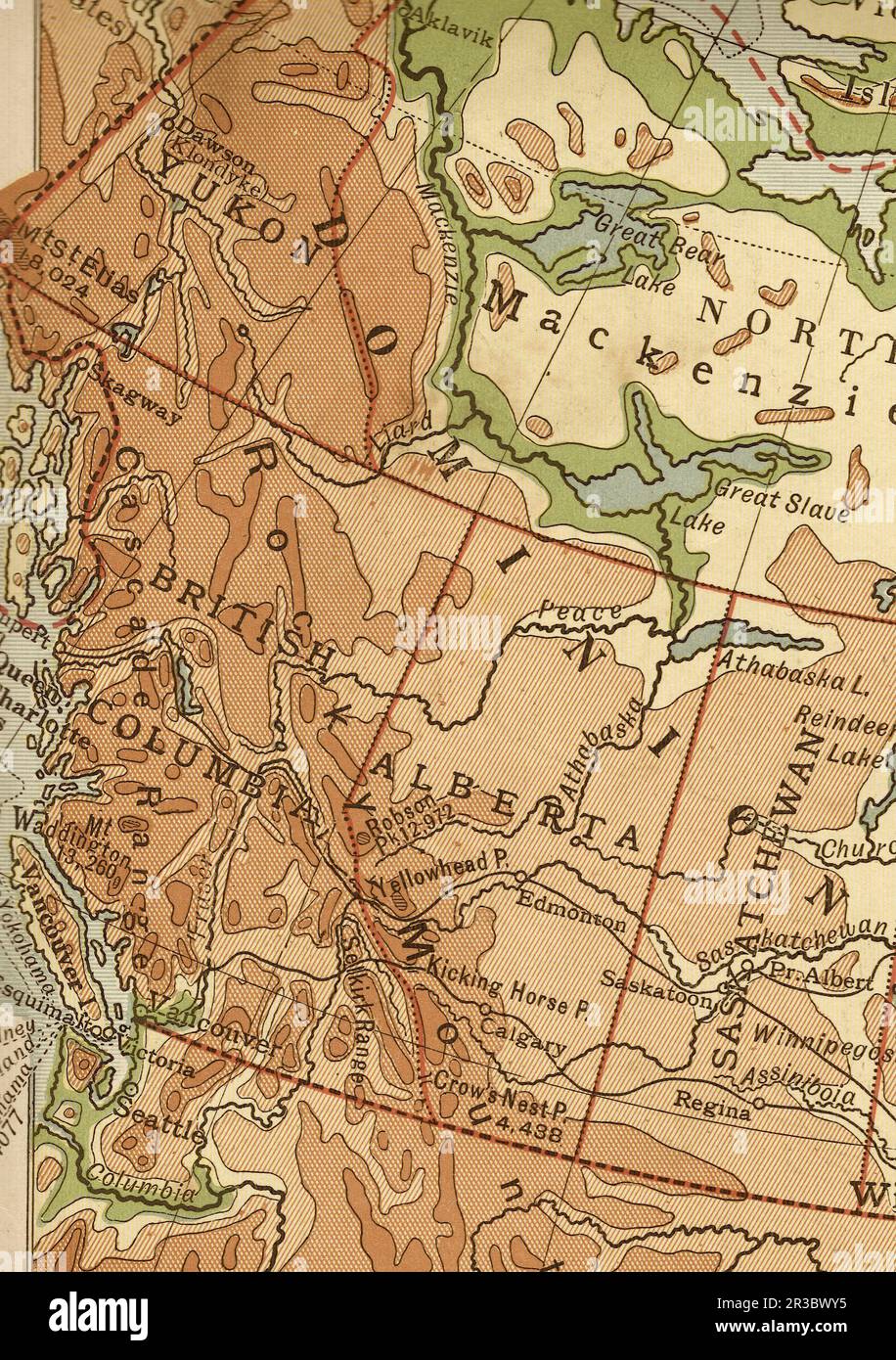 Vintage geographical map of west Canada in sepia. Stock Photo