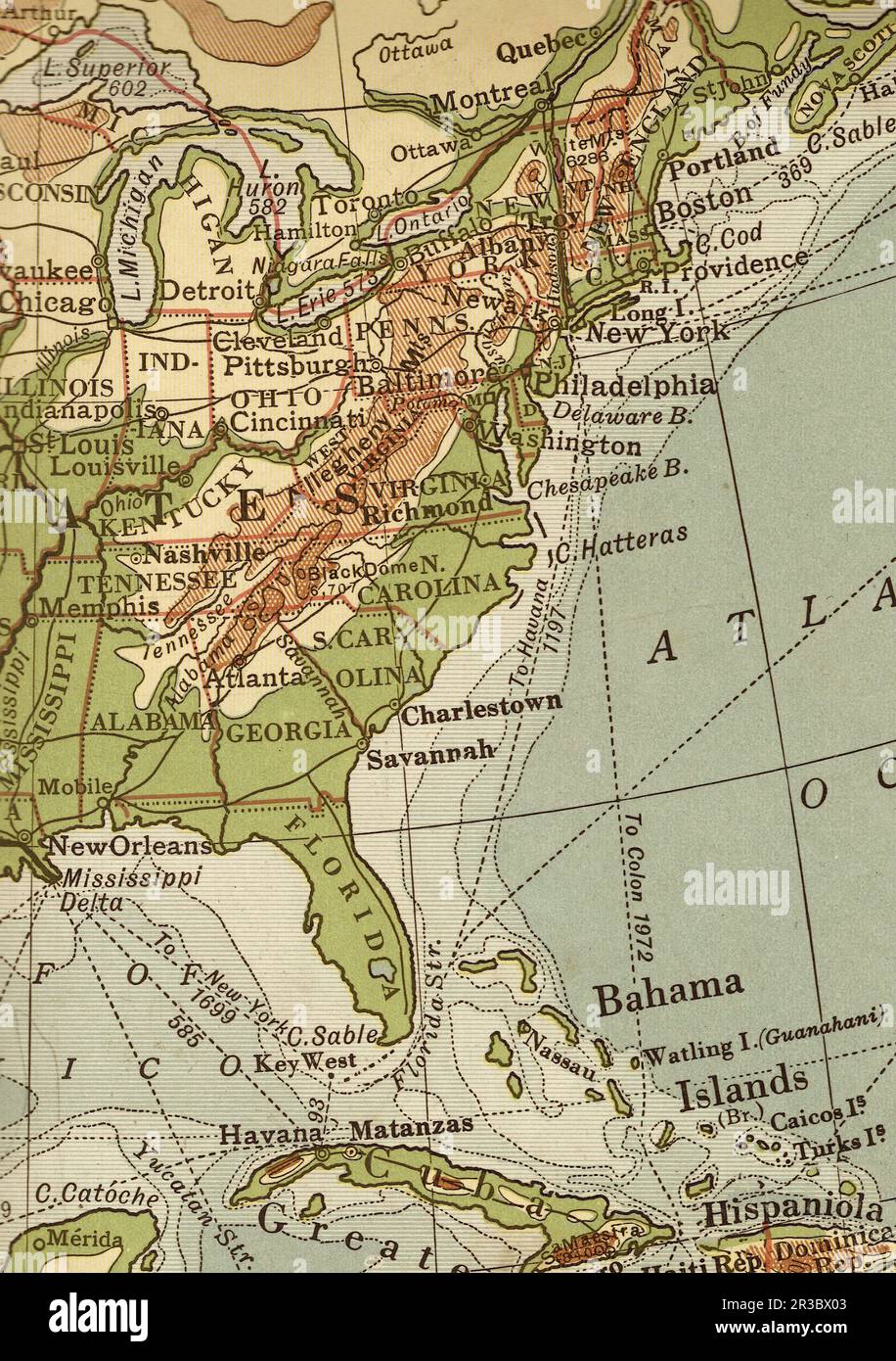 Vintage geographical map of Florida and the east coast of the USA in sepia. Stock Photo