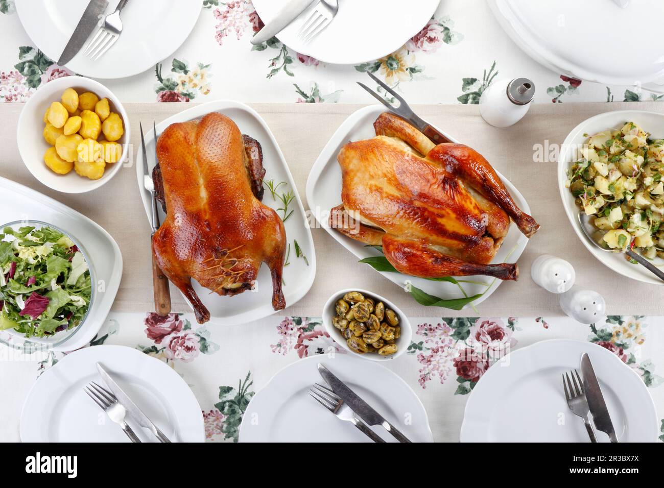 Roasted duck and chicken with sides Stock Photo - Alamy