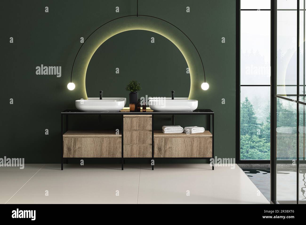 Modern minimalist bathroom interior with dark green wall, luxury