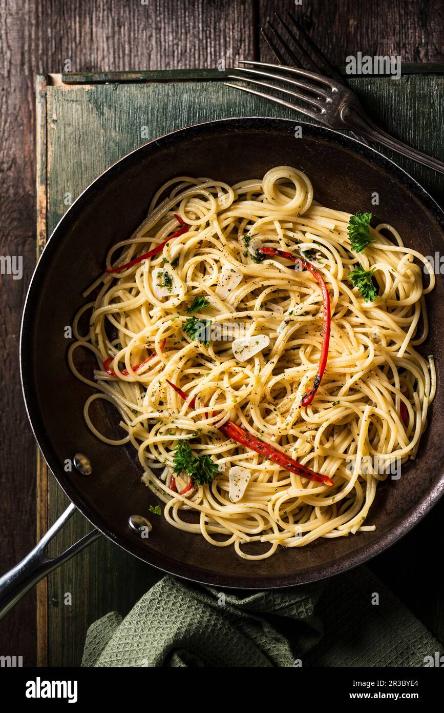 Spaghetti with chilli pepper aglio olio e peperoncino Stock Photo