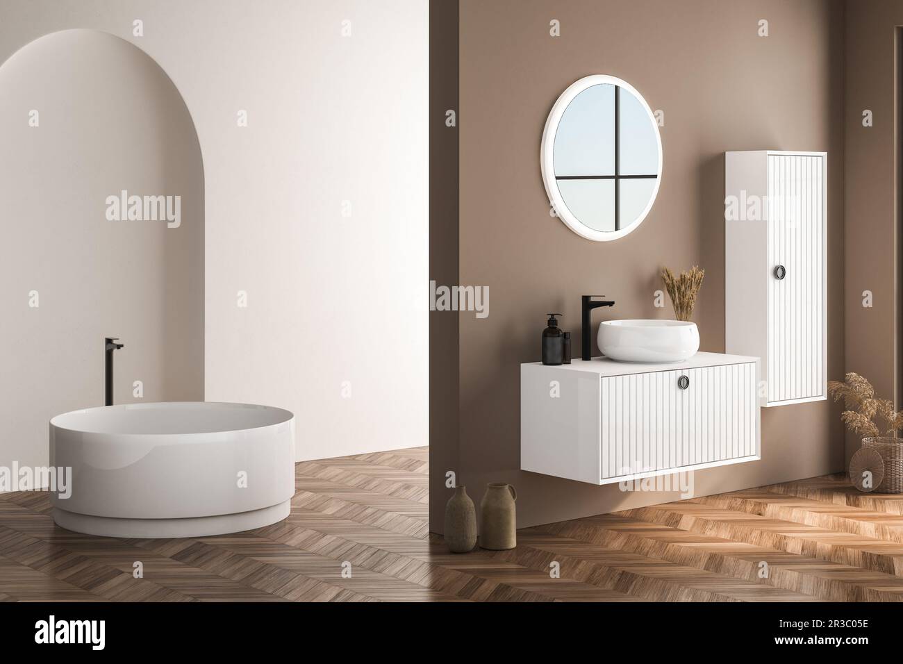 Modern bathroom interior with beige walls, white basin with oval mirror ...