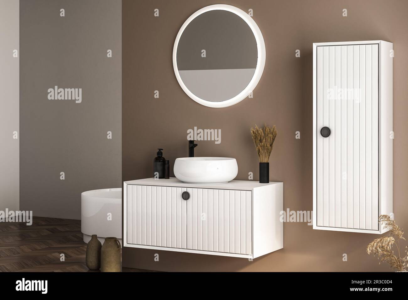 Modern bathroom interior with beige walls, white basin with oval mirror ...