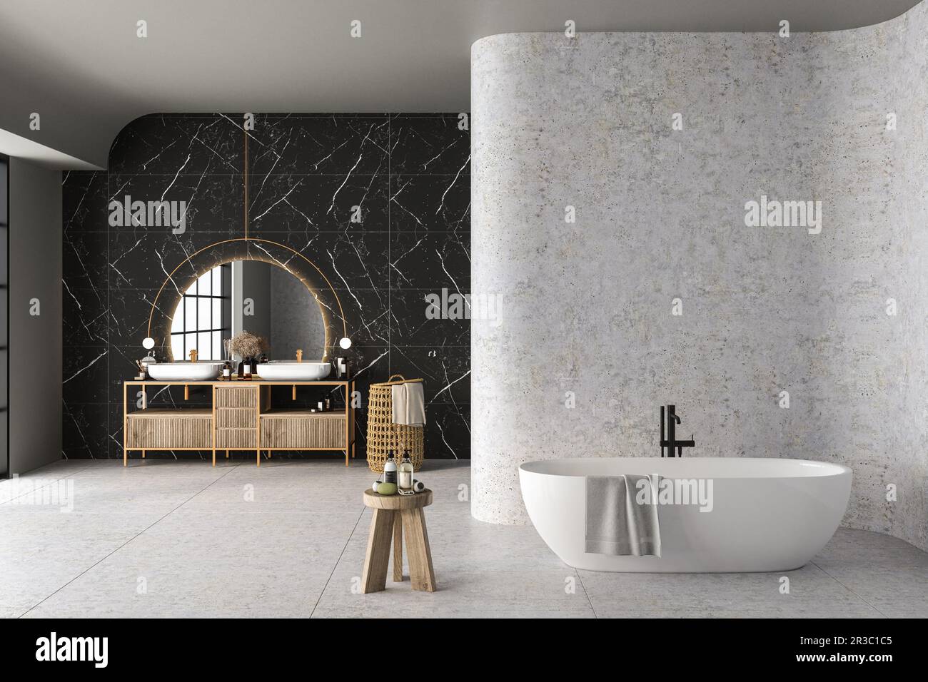 https://c8.alamy.com/comp/2R3C1C5/modern-minimalist-bathroom-interior-with-marble-wall-luxury-bathroom-cabinet-with-double-sink-white-bathtub-marble-countertop-nature-view-from-win-2R3C1C5.jpg