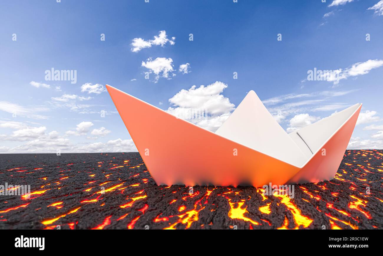 paper boat on a sea of lava and blue sky with clouds. 3d render Stock Photo