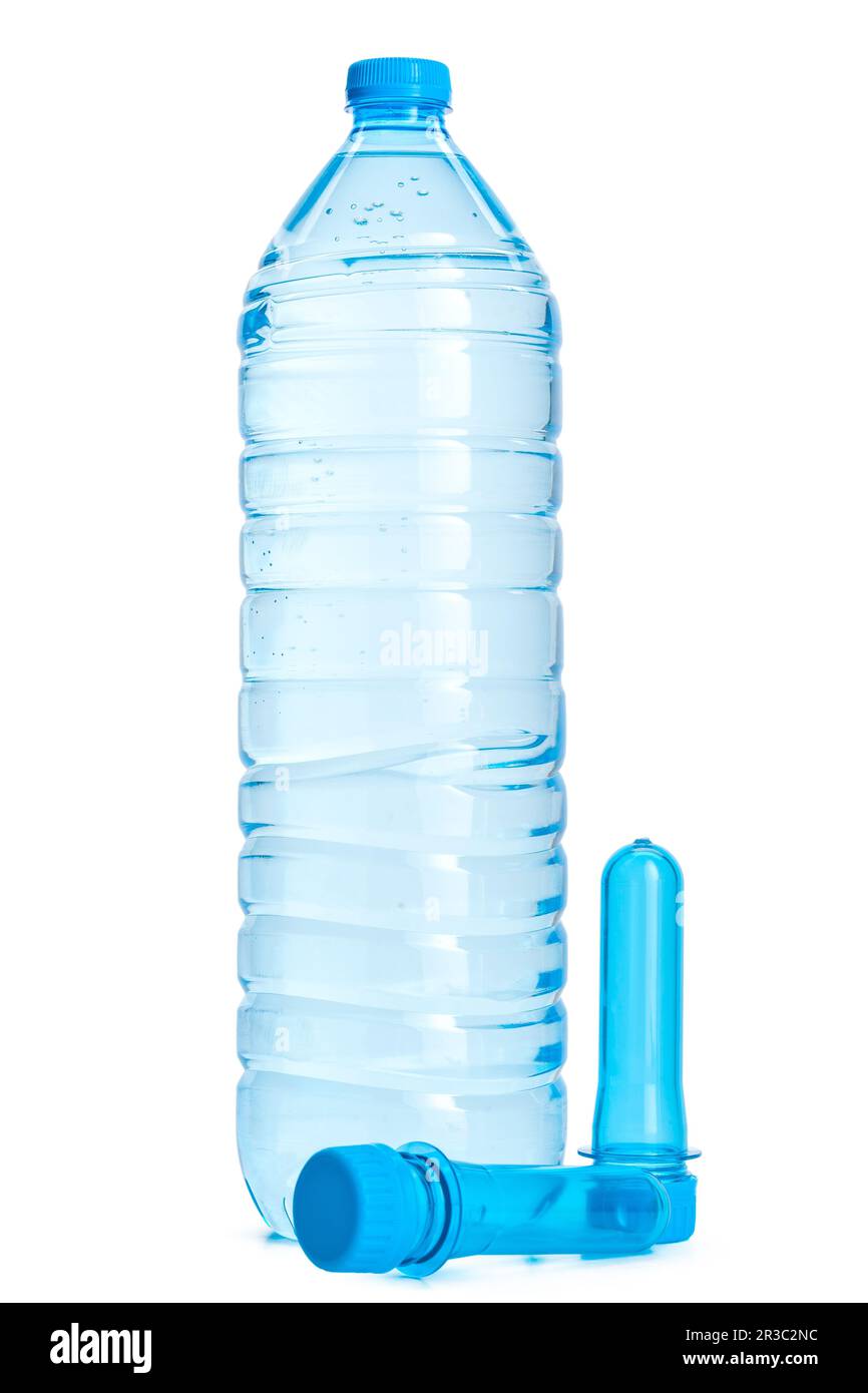 Plastic bottle and PET preform isolated on white background Stock Photo