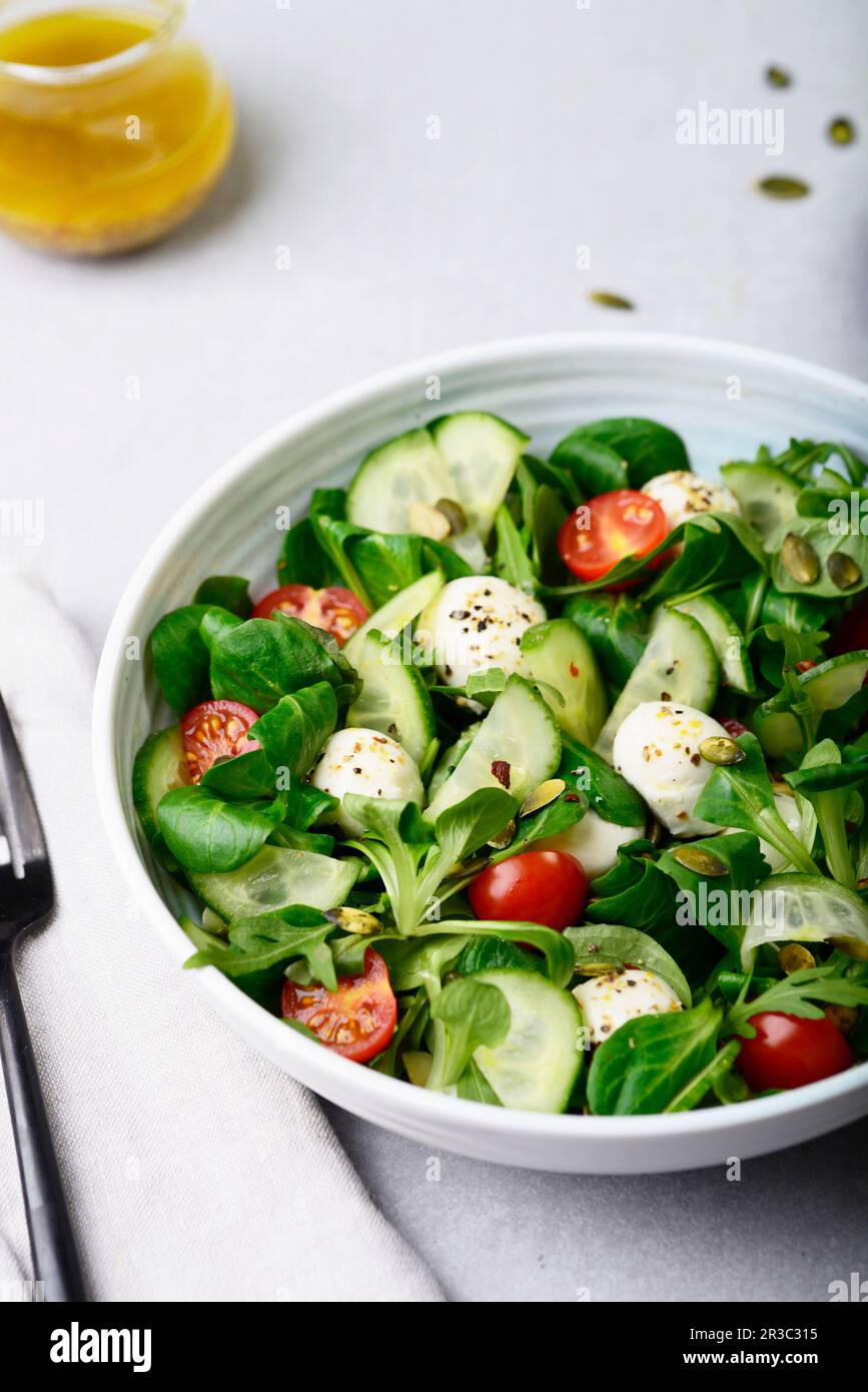 Fresh salad with mini mozarella and cherry tomatoes Stock Photo