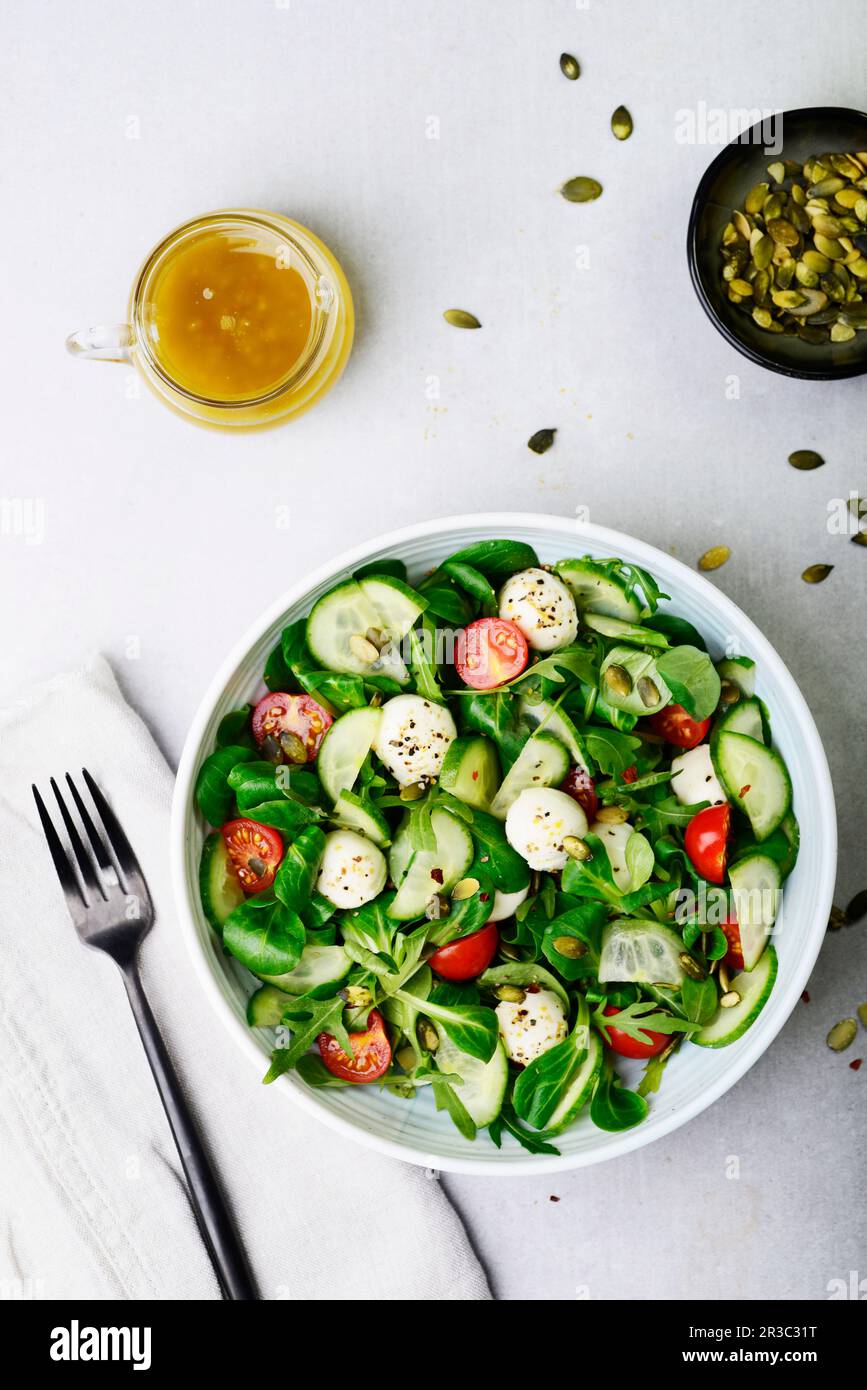 Fresh salad with mini mozarella and cherry tomatoes Stock Photo