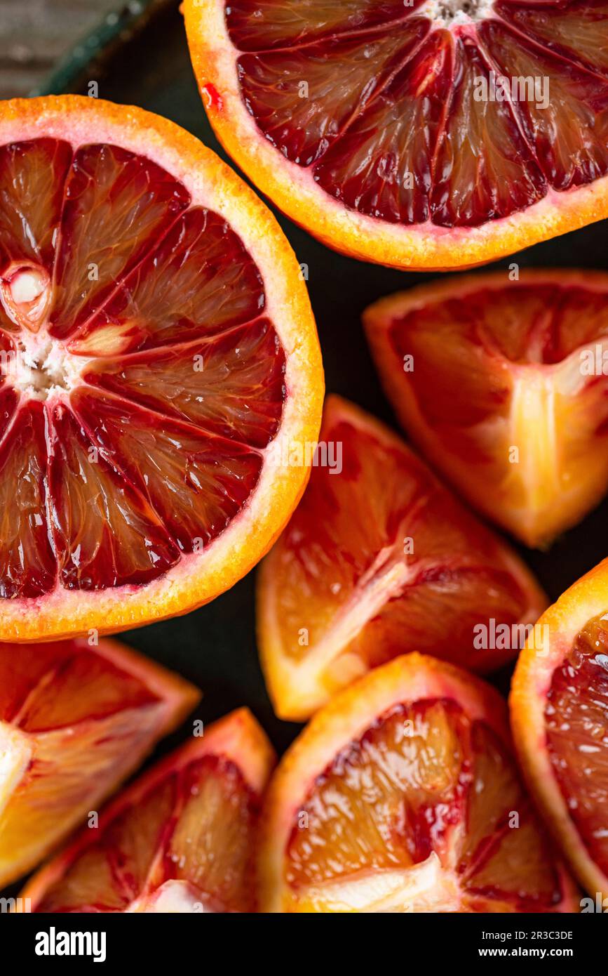Blood oranges, cut open (closeup Stock Photo Alamy