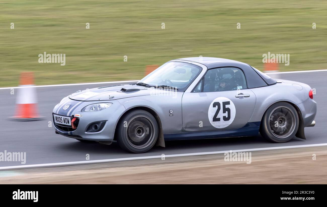 Nigel and Catherine Brain in their Mazda MX5 during the 2023 Snetterton Stage Rally, Norfolk, UK. Stock Photo