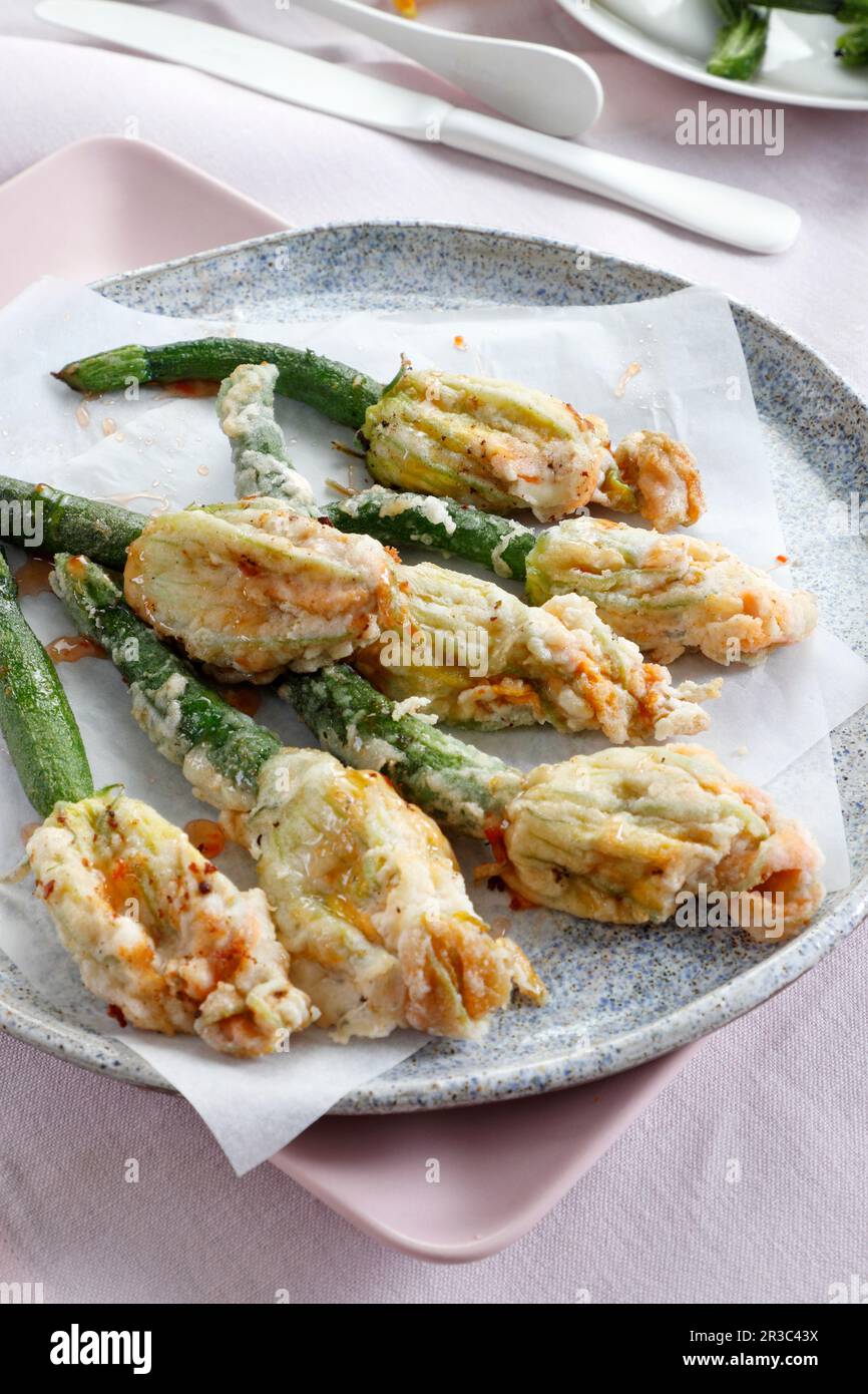 Stuffed fried zucchini flowers Stock Photo Alamy