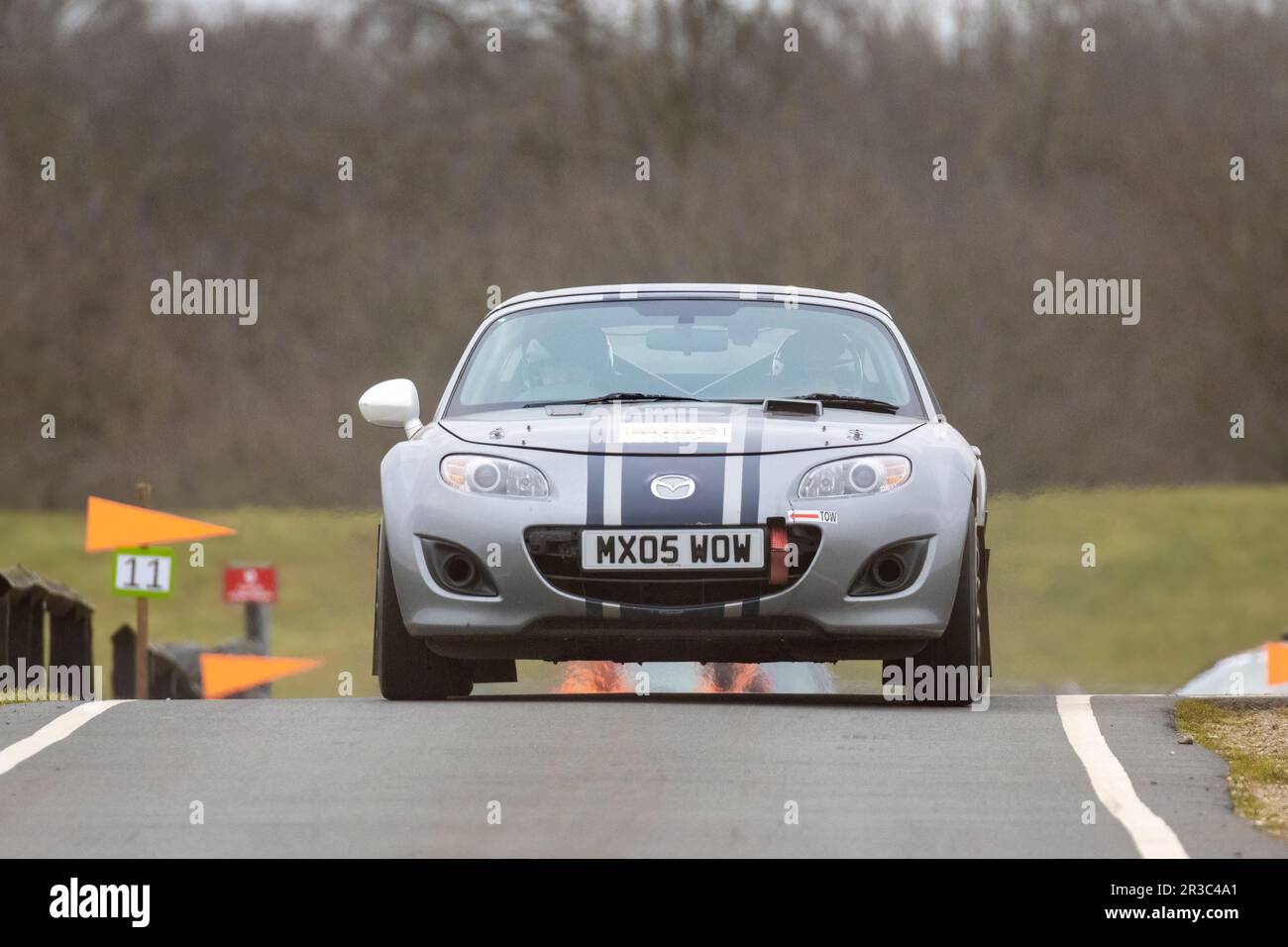 Nigel and Catherine Brain in their Mazda MX5 during the 2023 Snetterton Stage Rally, Norfolk, UK. Stock Photo