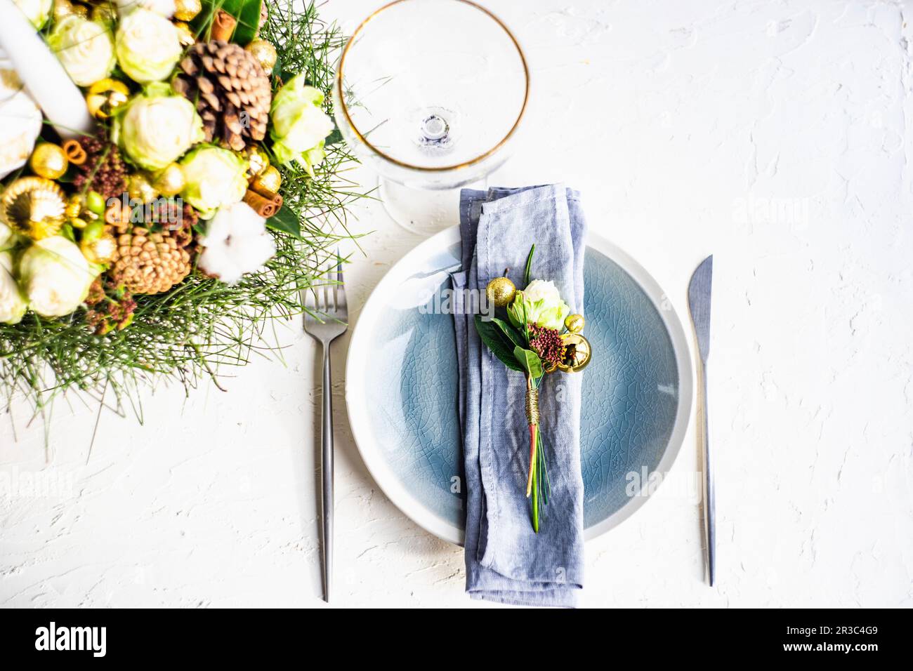 Place setting for festive Christmas dinner with beautiful dinnerware Stock Photo