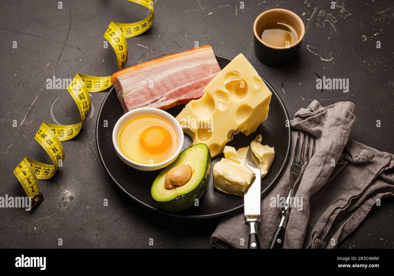 Keto foods as butter, olive oil, fried egg, avocado, fat meat bacon