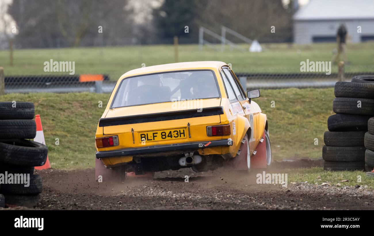 Lee Williams and Zach Clarke in the 1970 Ford Escort RS at the 2023 Snetterton Stage Rally, Norfolk, UK. Stock Photo