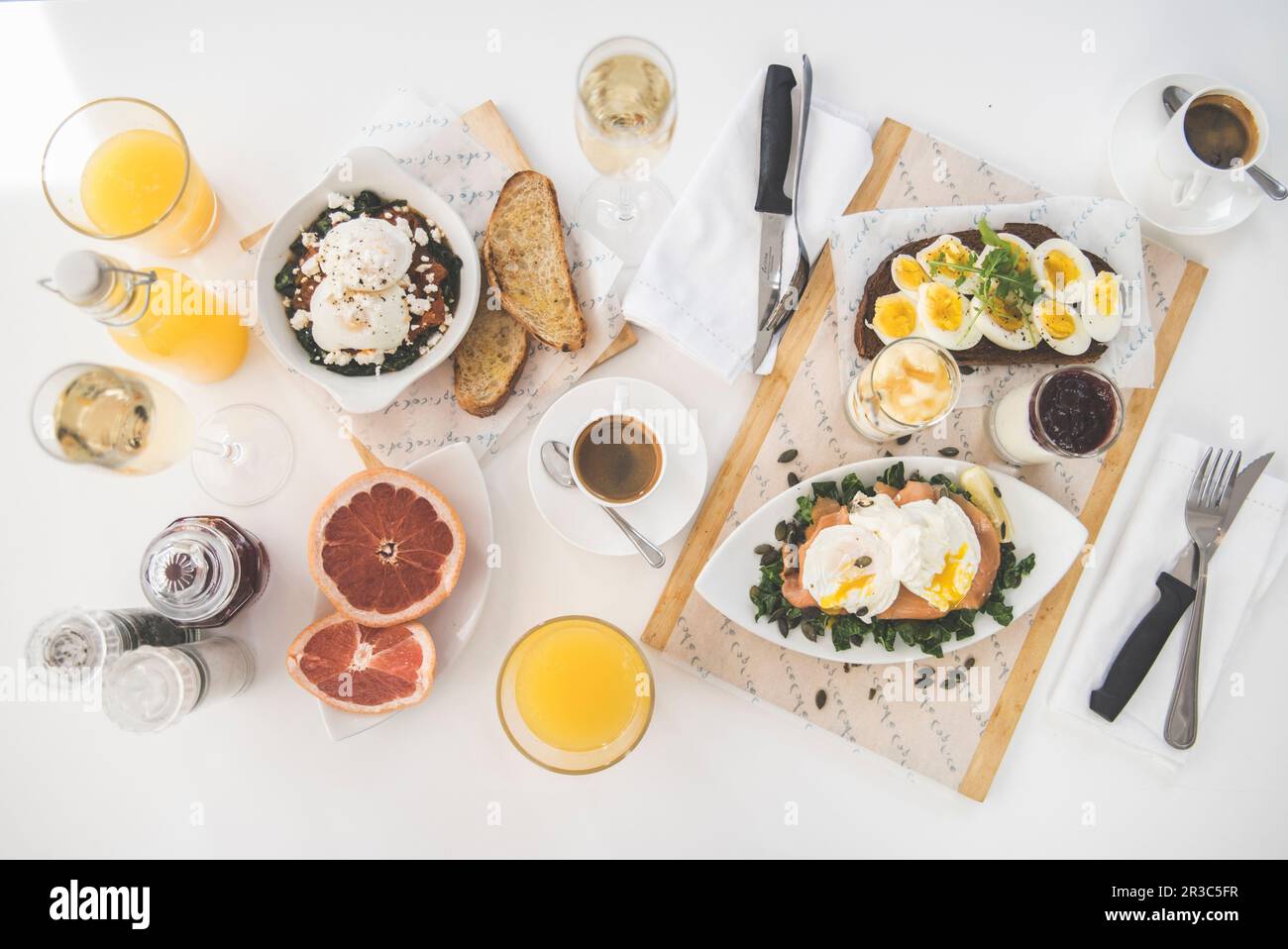 Breakfast eggs on toast, shakshuka, eggs florentine with smoked salmon