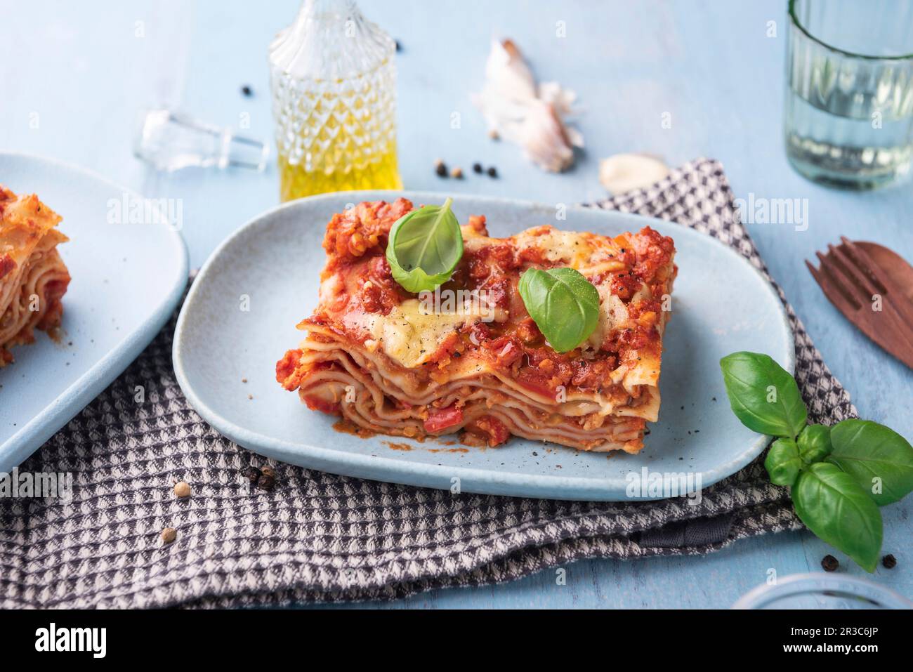 Vegan lasagne with 'Bolognese' of lentils, vegetables and soya mince