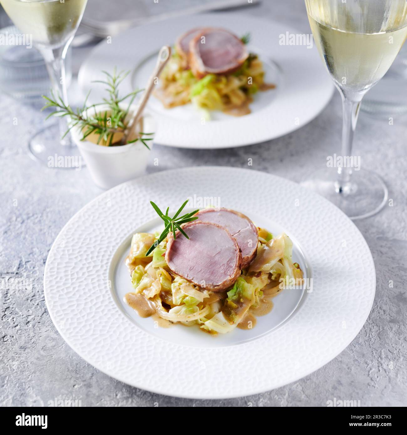 Pork fillet on pointed cabbage Stock Photo