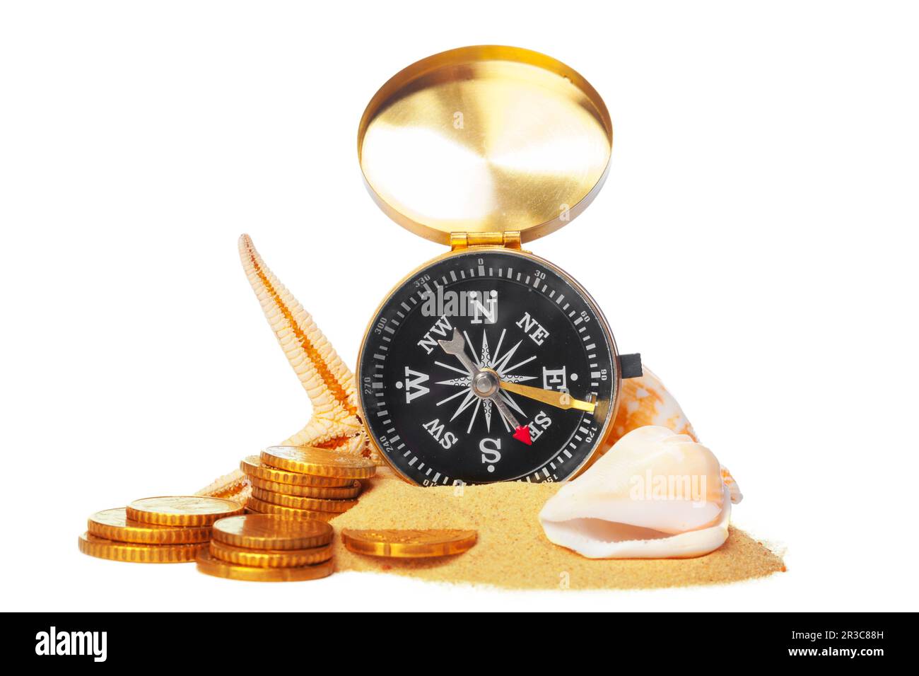 sea shells and old compass with sand isolated on white background Stock ...