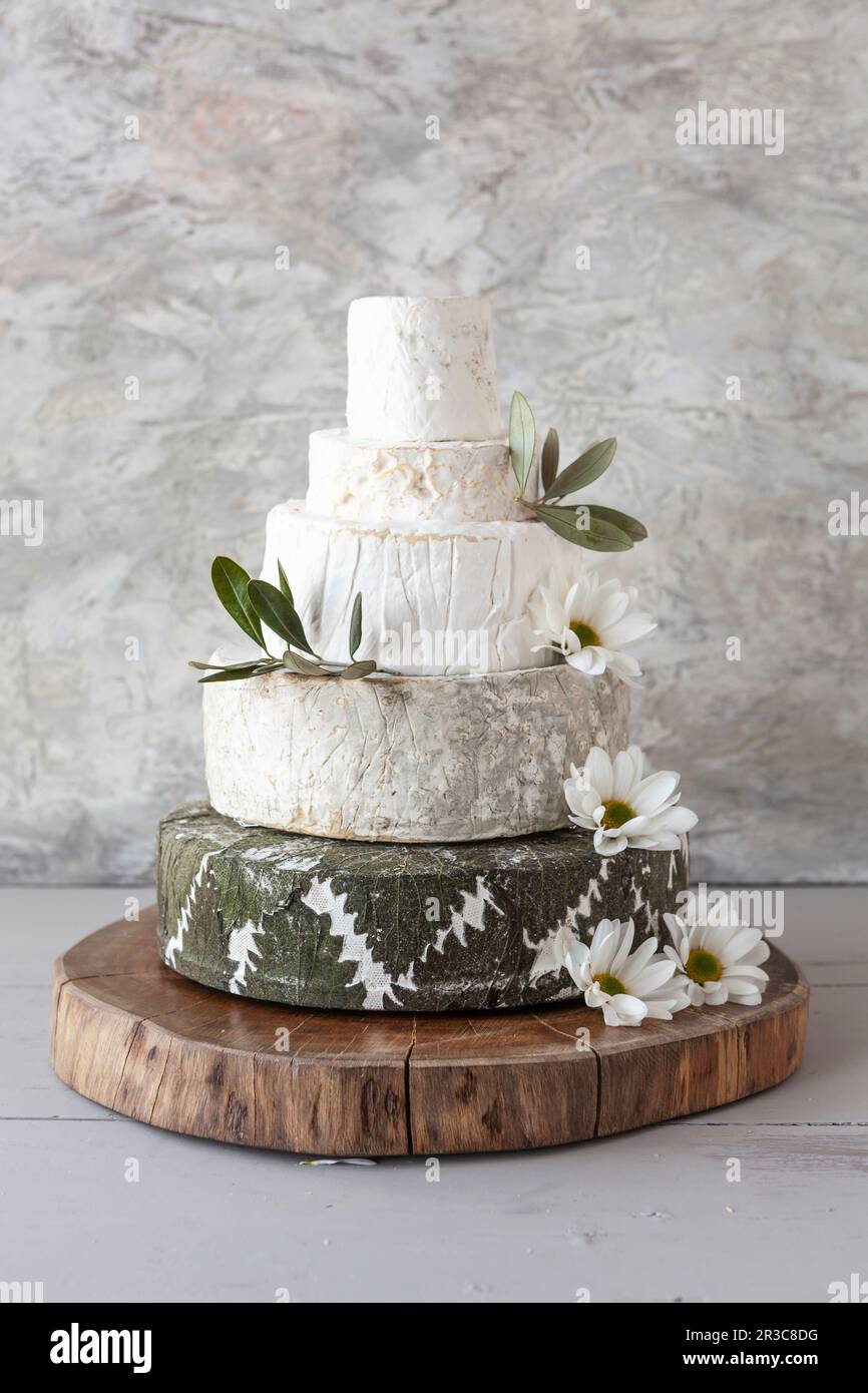 Cheese Wedding Cake wheels of cheese arranged as a multitiered